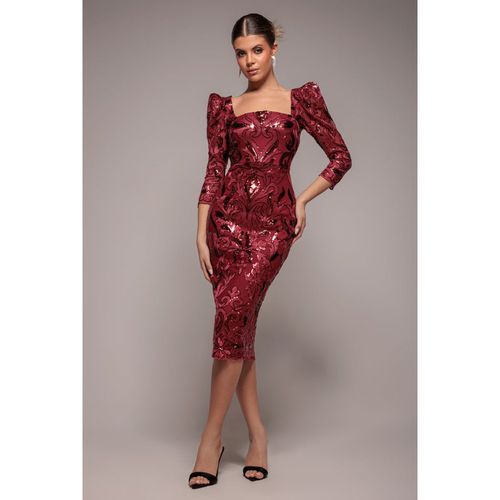 Goddiva Square Neck Scalloped Embroidered Sequin Midi Dress - Wine