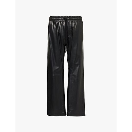 Mens Black Drawstring Straight-leg Panelled Leather Trousers S