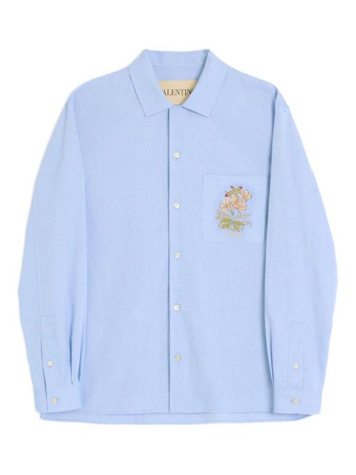 Valentino Garavani OXFORD COTTON SHIRT WITH FLORAL EMBROIDERY - Blue