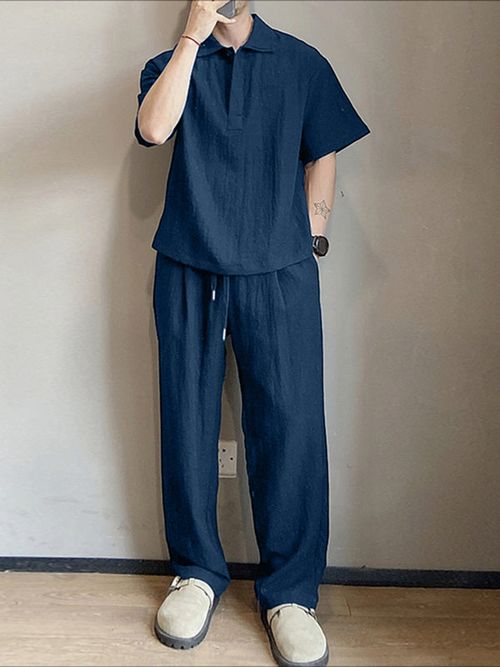Men's Minimalist Wrinkled Linen-Look Two Pieces Outfit SKUL30685 - Dark Blue / S