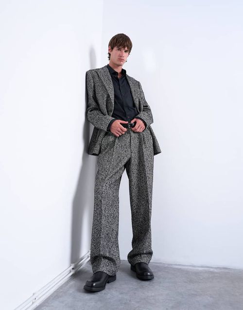 Wide leg wool blend herringbone trousers in black