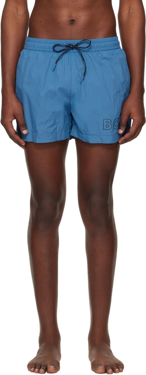 Blue Outline Logo Print Swim Shorts