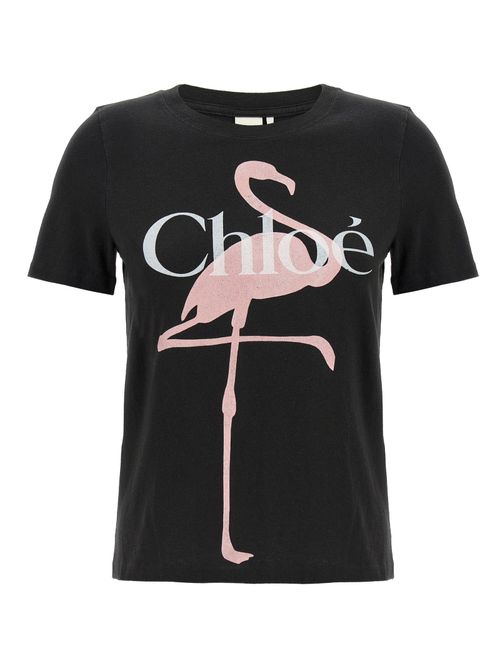 Flamingo-Print Cotton T-Shirt — Black