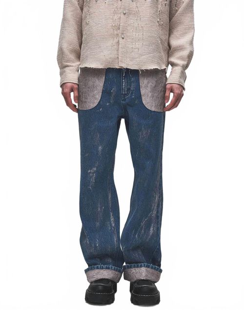 Embossed Washed Denim Straight Jeans In Blue