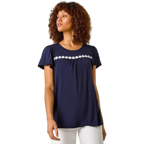 Roman Women's Daisy Applique Stretch Top in Navy