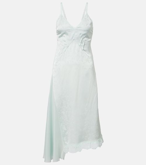 Asymmetric lace-trimmed jacquard slip dress