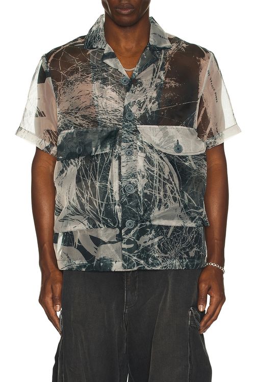 Reese Cooper Organza Short Sleeve Cargo Shirt in Brush Camo - Blue. M also in XL/1X