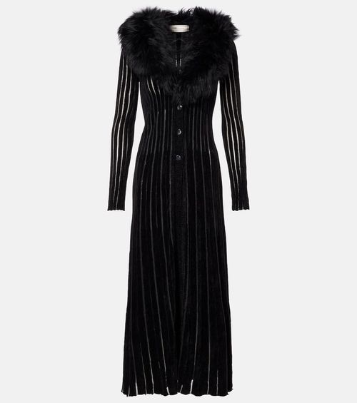 Shearling-trimmed striped maxi dress
