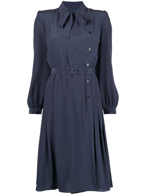Side button fastening belted dress - Blue