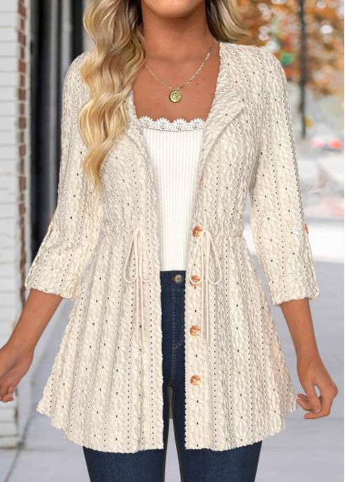 Modlily Beige Lace 3/4 Sleeve Round Neck Coat