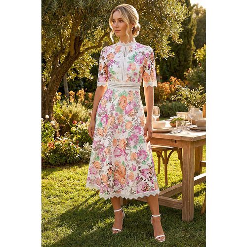 Roman Womens Floral Lace Midi Dress - White