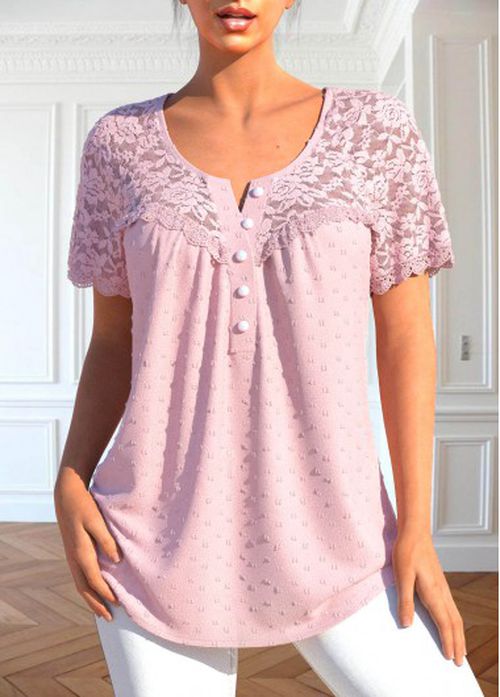 Modlily Light Pink Patchwork Short Sleeve Round Neck Blouse
