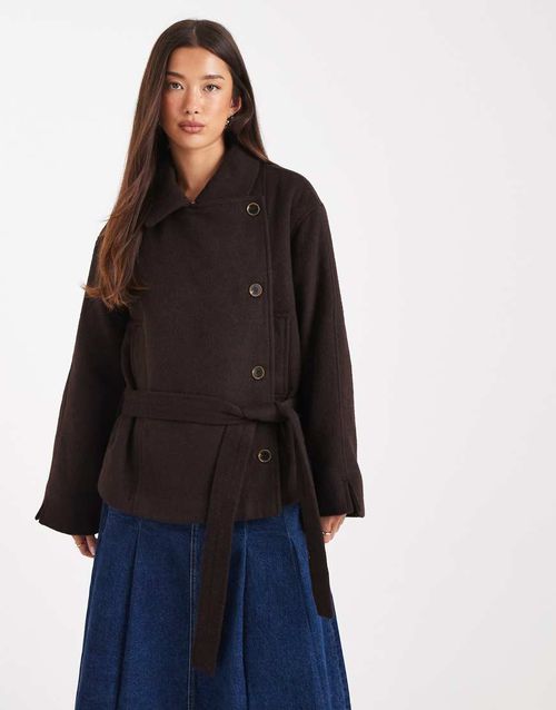 Wool blend short trench coat with low belt in chocolate-Brown