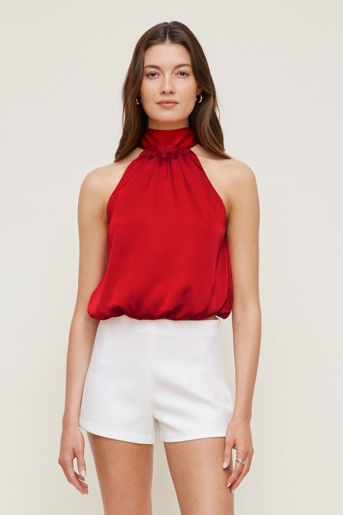 Paloma Bubble Satin Halter Blouse - Red - Women Clothing