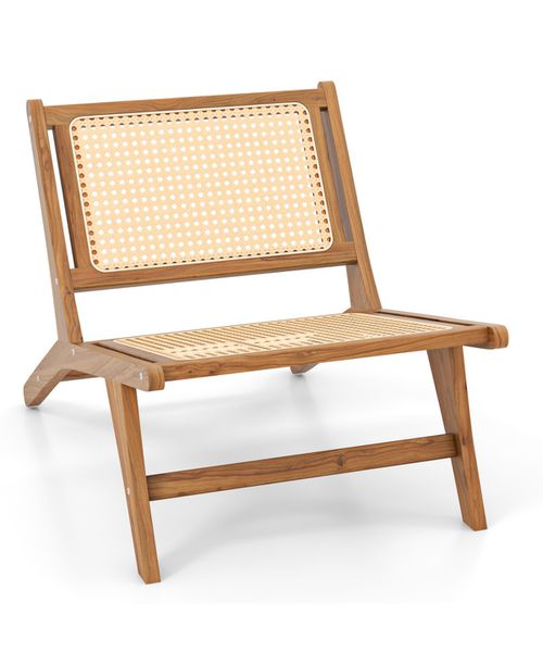 Teak Wooden Chair with Handwoven Rattan Seat and Backrest - Natural
