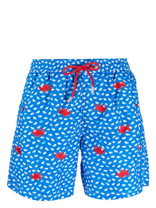 Fish-print drawstring swim shorts - Blue