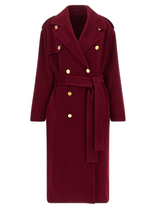 Double-Breasted Wool Blend Coat — Burgundy