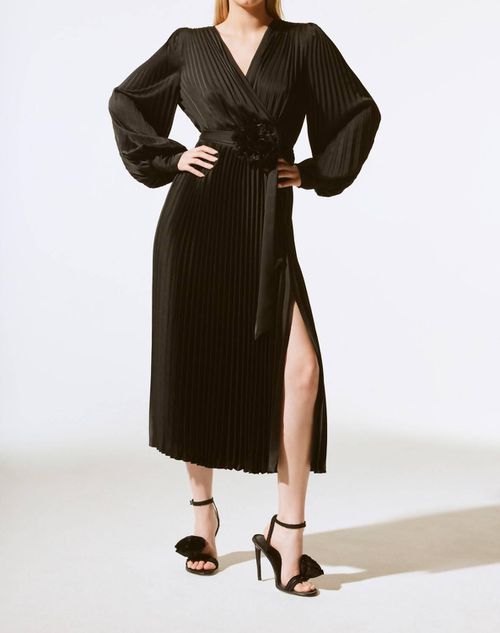 Joseph Ribkoff | Pleated Satin Belted Midi Wrap Dress In Black | Realry
