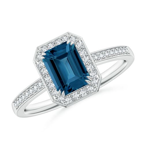 Angara 1.2 Carats Emerald-Cut London Blue Topaz Engagement Ring with Halo in Platinum