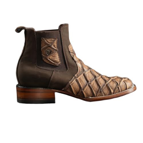 Men’s Rodeo Cartie Genuine Leather Square Toe Exotic Monster Fish Royal PirarucuPrint Short Ankle Cowboy Western Boots - Oryx (Oryx,  US Footwear