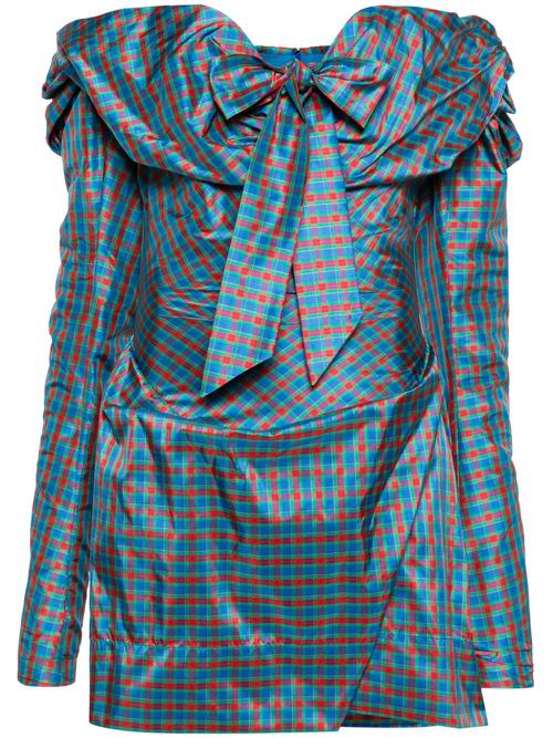 Tartan-check off-shoulder minidress - Blue