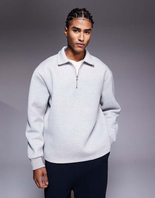 Oversized quarter zip sweatshirt with collar and fixed hem in grey marl