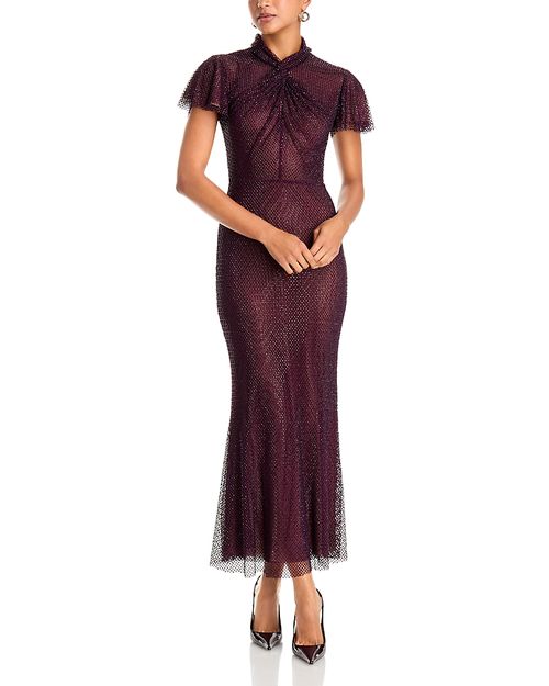 Rhinestone Twist Neck Fishnet Midi Dress