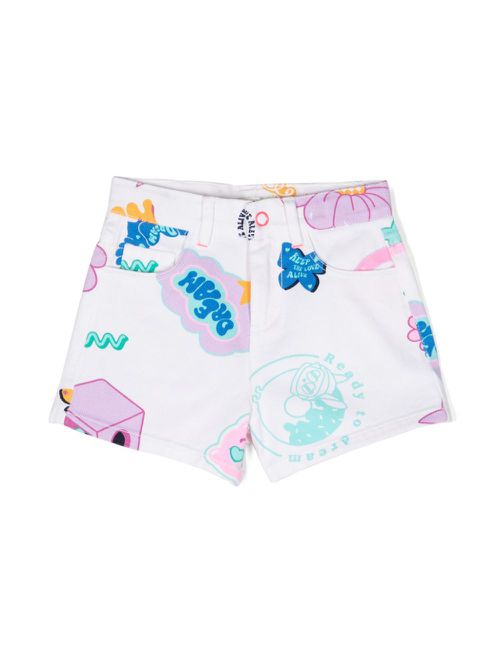Illustration-print denim shorts - White
