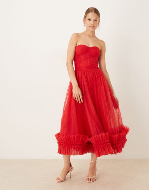 Corset overlay ruffle hem midaxi dress in red