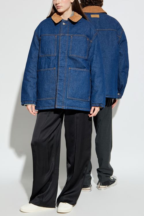 Insulated Jacket With Corduroy Collar, Unisex, Navy Blue