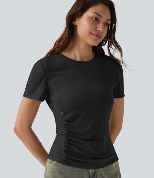 Round Neck Short Sleeve Snap Button Casual T-Shirt  - Black