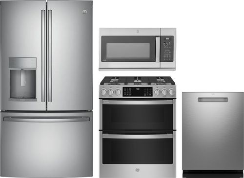 GE Profile 4 Piece Kitchen Appliances Package with French Door Refrigerator, Gas Range, Dishwasher and Over the Range Microwave in Stainless Steel GER