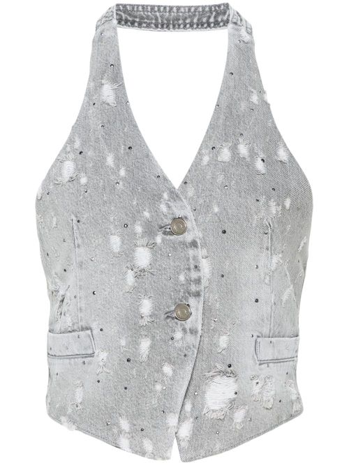 Rhinestone-embellished denim waistcoat - Grey