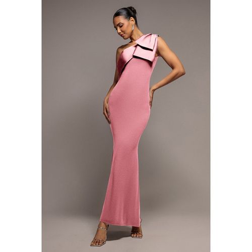 Goddiva One Shoulder Satin Bow Scuba Crepe Maxi Dress - Blush