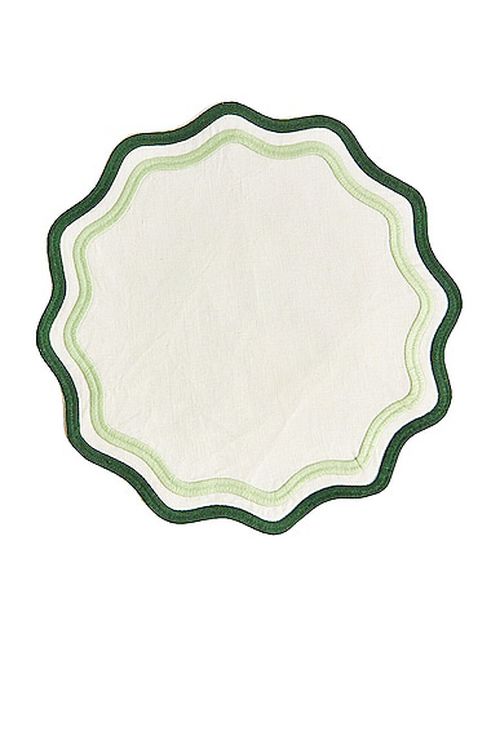 Misette Embroidered Linen Placemats Set in Colorblock Dark Green & Sage - Green. a