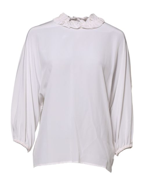 Ruffled Neckline Silk Blouse — White