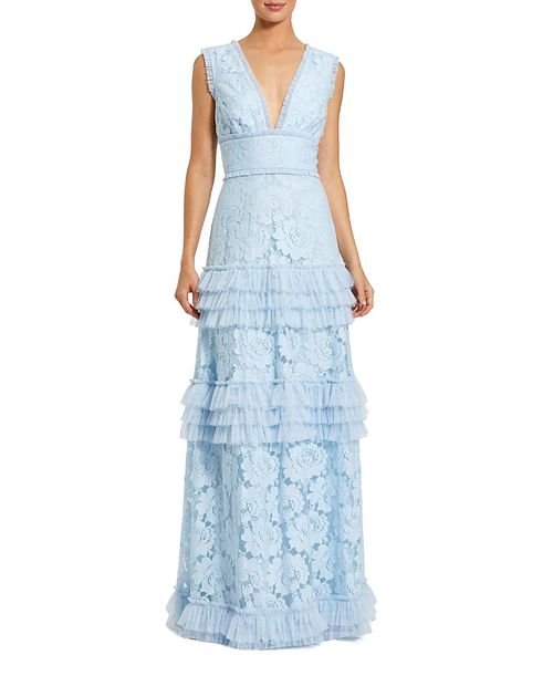 V Neck Lace Tiered Ruffle Gown