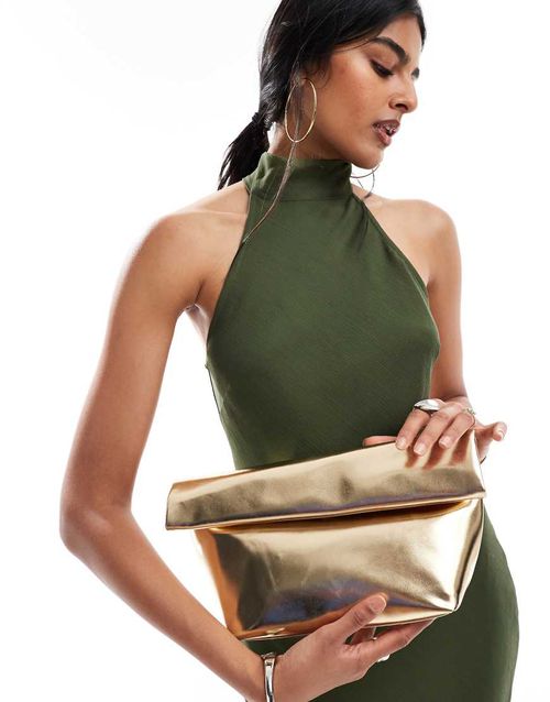 Roll top clutch bag in gold