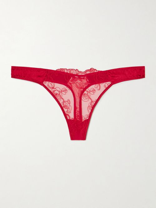 La Rose Embroidered Tulle And Stretch-silk Charmeuse Thong - x small