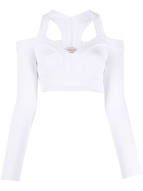 Cold-shoulder cropped knit top - White