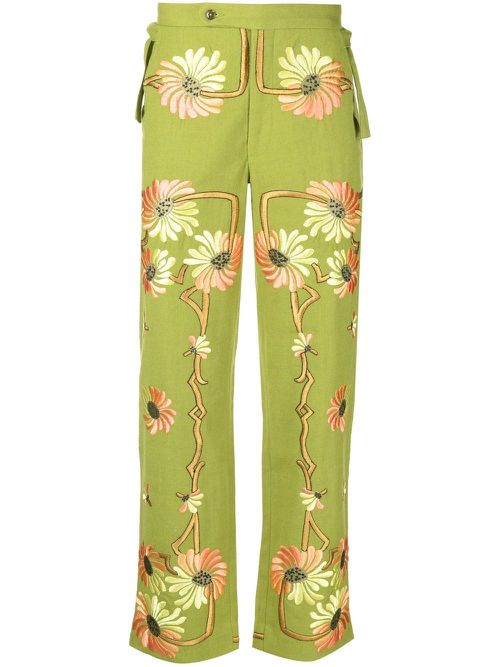 Victorian floral-embroidered trousers - Green
