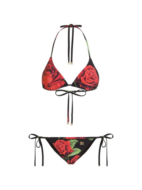 Rose Print Triangle Bikini — Black