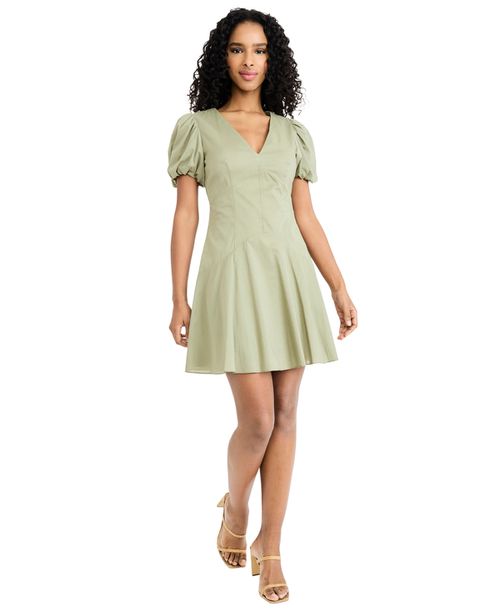 Women's Puff Sleeve V-Neck Mini Dress - Oil Green