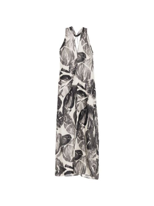 V-neck print detail sleeveless Printed silk dress