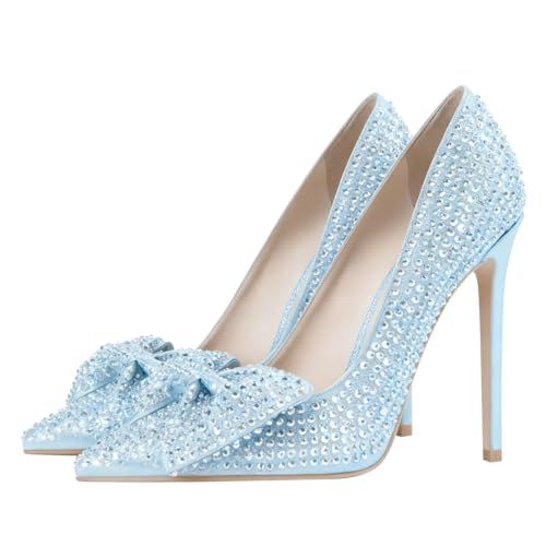 FSJ Women Fashion Pointed Toe Glitter Rhinestone High Heel Wedding Pumps Sexy Slip On Stiletto Party Sparkly Prom Shoe with Cute Bowknot