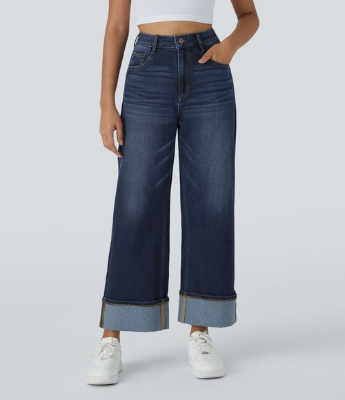 Flex™ High Waisted Pockets Rolled Hem Wide Leg Washed Casual Jeans  - Distressed Denim Dark Blue