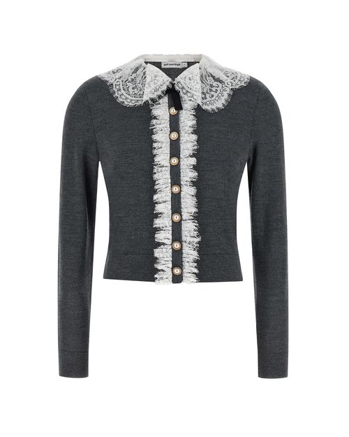 Lace-Collar Merino Wool Cardigan — Gray