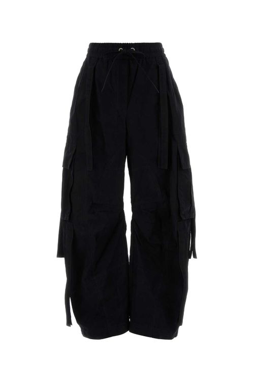 Drawstring Waist Cotton-Blend Cargo Pants — Black