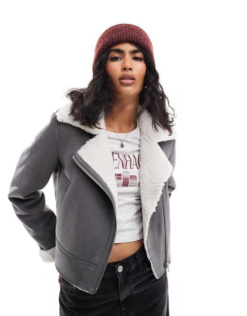 Stradivarius borg lined avaitor jacket in grey