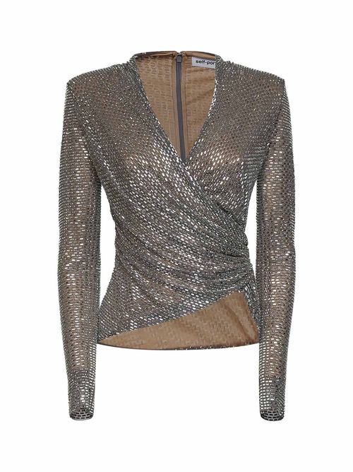 Rhinestone-Embellished Mesh Wrap Blouse — Gray